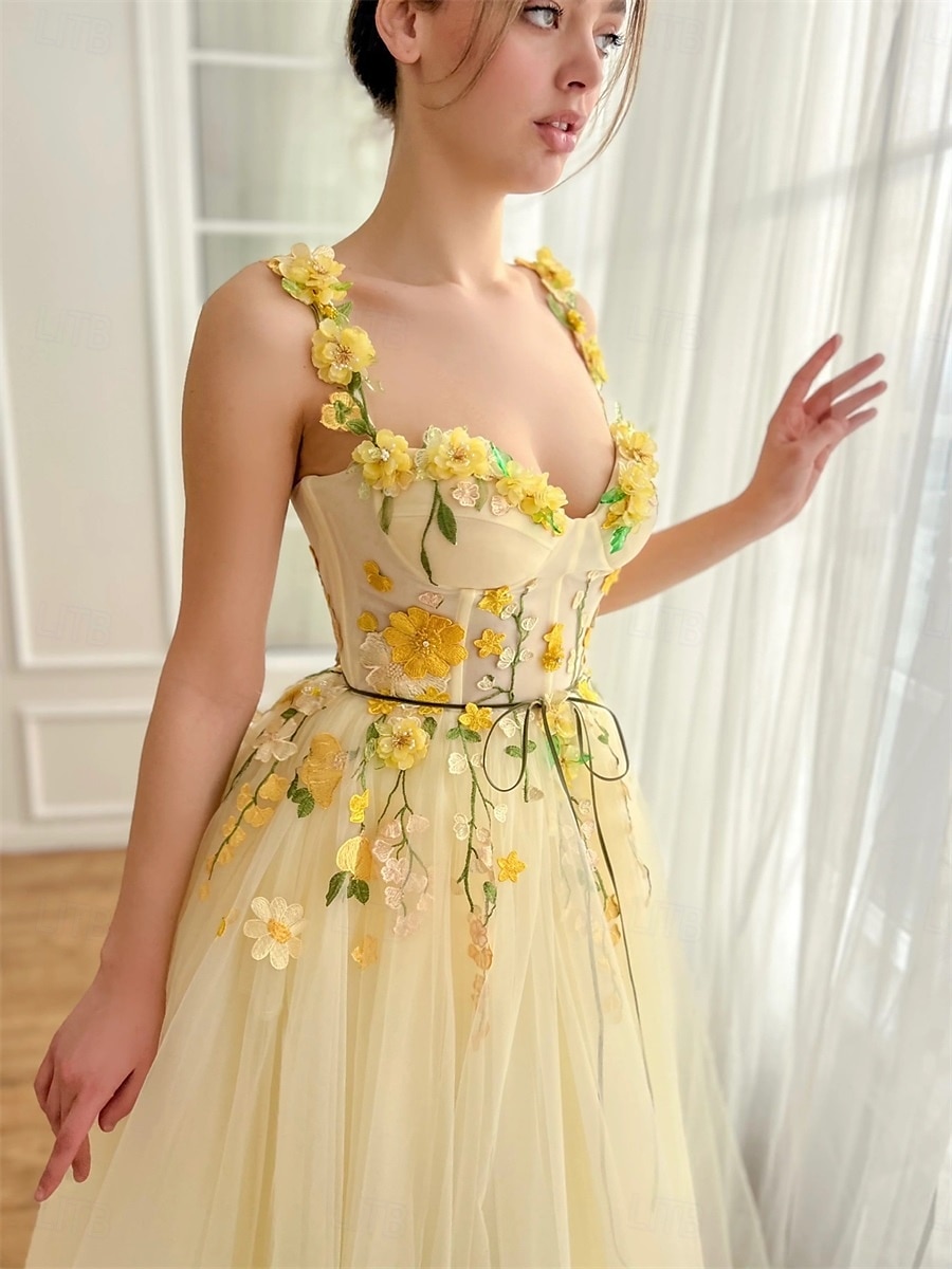 Šaty Quinceanera A-Line máslově žluté šaty svatba svatební host čajové délky bez rukávů čtvercový výstřih s květinovými krajkovými aplikacemi tylu 2025 - $149.99 –P1