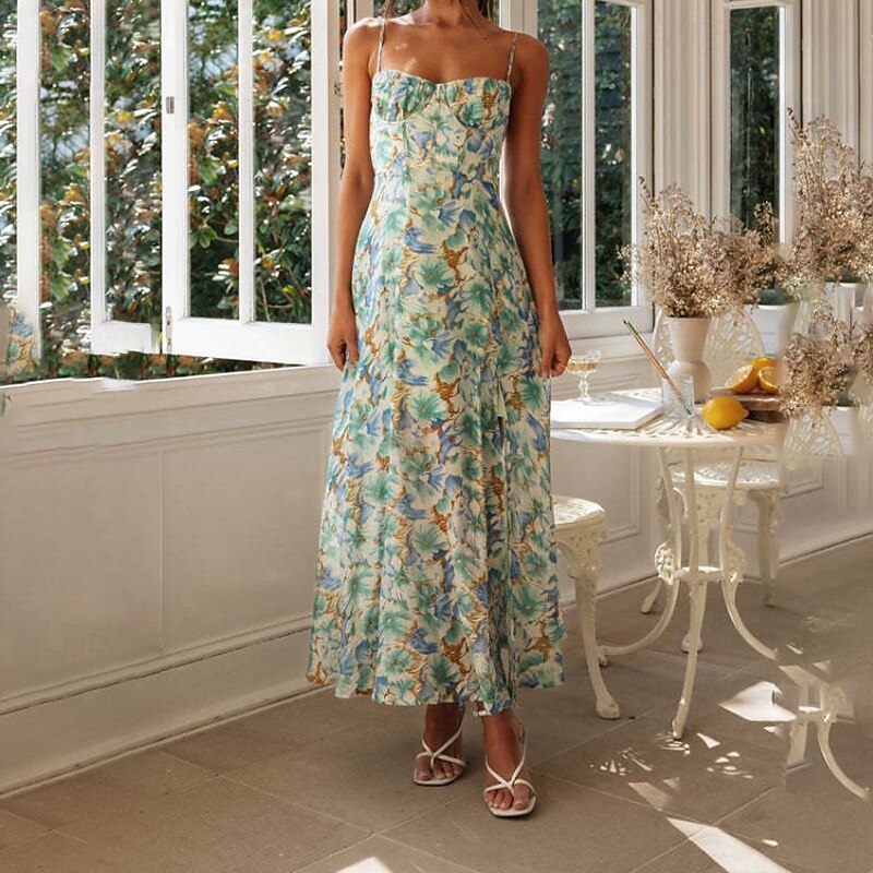 Per donna Abito Midi Abito da laurea Abito Floreale Abito Sottoveste Moda Compleanno Data Uscire Vestibilità regolare Fiore Senza Maniche Spalline sottili Verde Estate del 2025 a $24.99 –P6