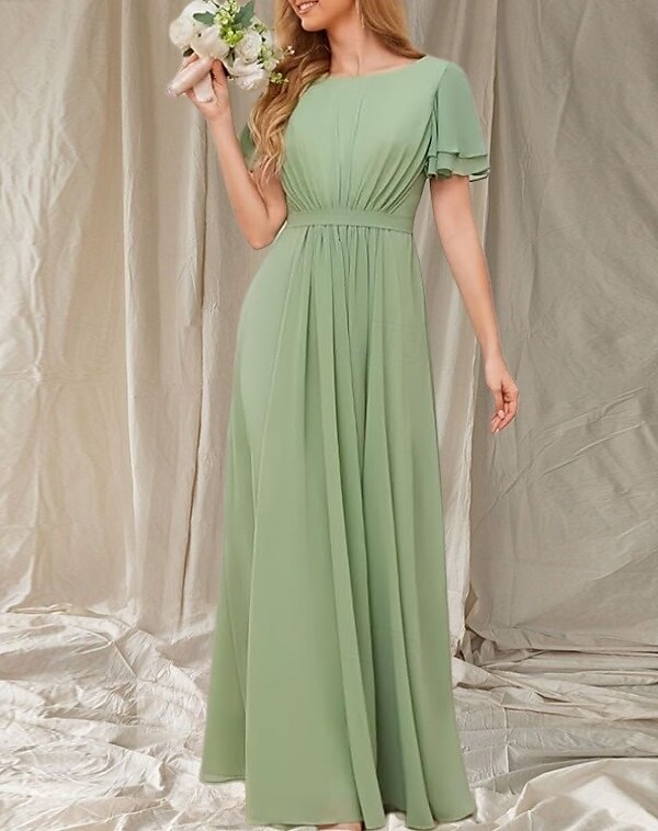 Vestido de dama de honra em linha A, gola redonda, manga curta, elegante, comprimento até o chão, chiffon com faixa / fita / franzido 2025 de 2025 por $152.99 –P3