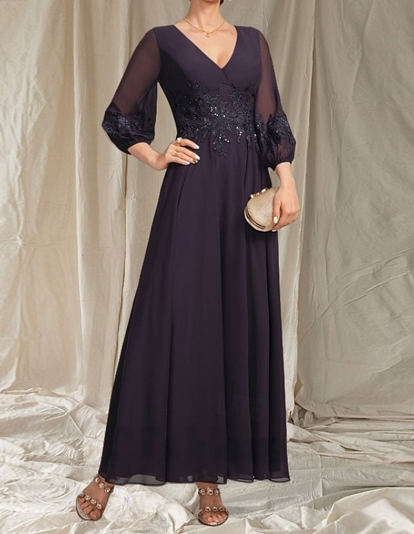 Robe Mère de la Mariée A-Line Invité de Mariage Élégante Col en V Mi-Longue en Chiffon À Manches Longues avec Perles Appliques Robe Midi 2025 de 2025 ? $184.99 –P4