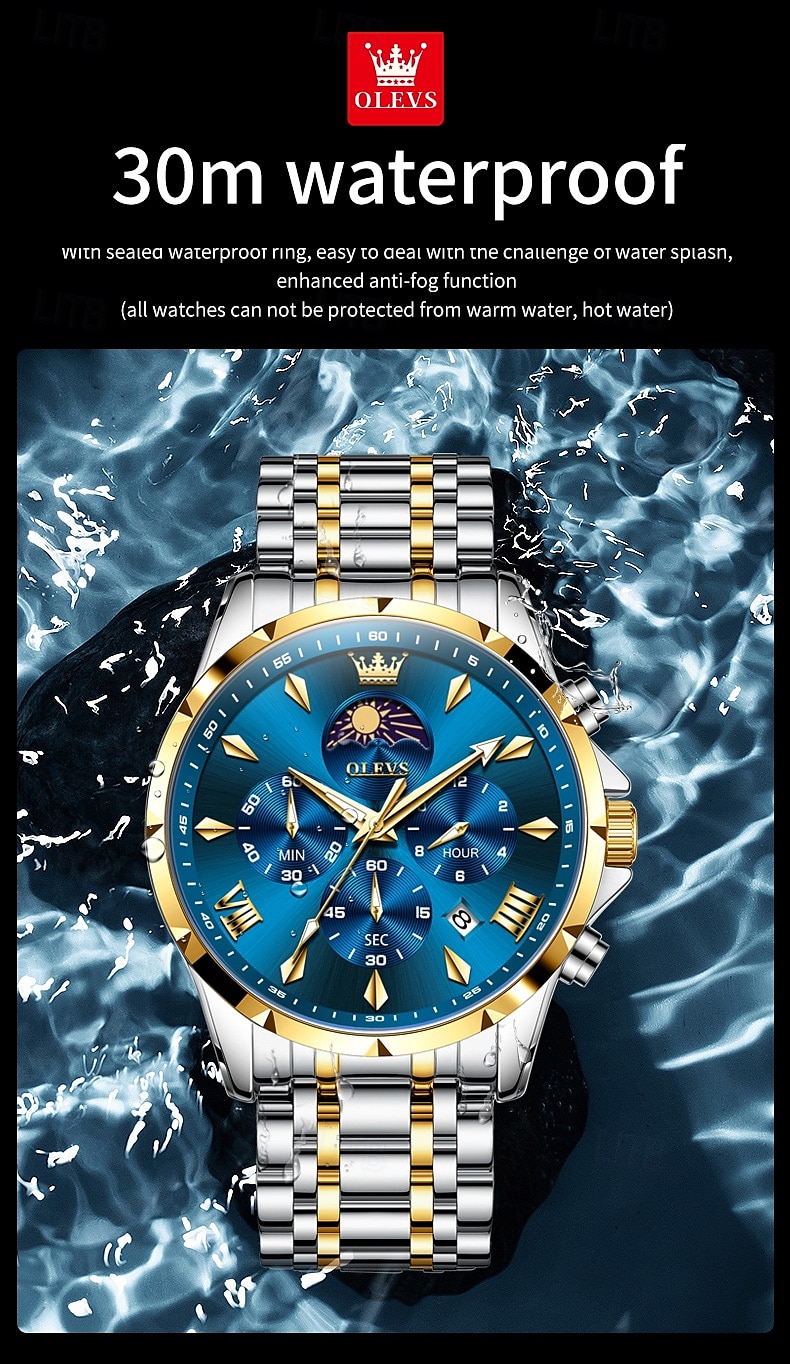 olevs 3653 herenhorloge quartzhorloge multifunctioneel chronograafhorloge voor heren 30m waterdicht lichtgevend maanfase stalen horloge 2025 - $43.99 -P10