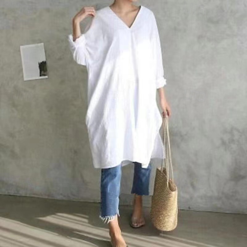Femmes Robe Midi Robes inspirées du lin Robe en coton et lin Mode Basique Moderne Quotidien Fête Sortir Coupe régulière Uni manche longue Col en V Noir Blanche Été de 2025 ? $26.99 –P2