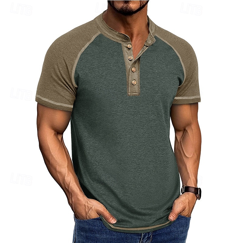 2026年 男性用 ヘンリーシャツ ティートップ ベースボールTシャツ 半袖 カラーブロック ファッション デザイナー ラグランスリーブ ヘンリー バケーション ストリート お出かけ 夏 ダークグレー ブラック グレー ヘンリーTシャツ  コレクション – $21.99 –P10