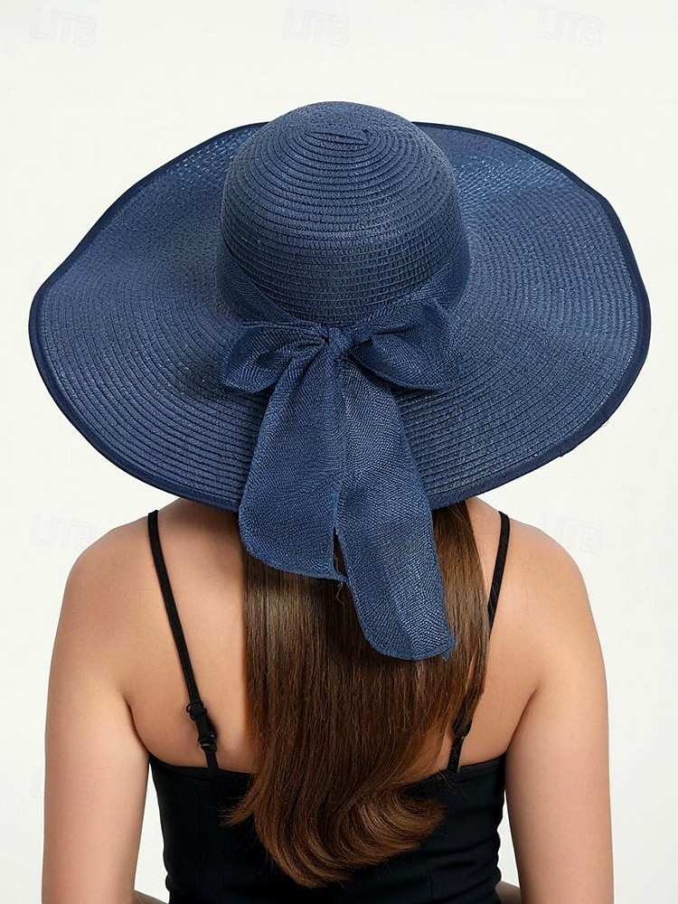 elegant solhatt med bred brätte för kvinnor – sommarhatt i stråhatt med svart rosett, UV-skydd, hopfällbar floppy hatt för semester, trädgårdsfester och utomhusresor 2025 - $14.99 –P4