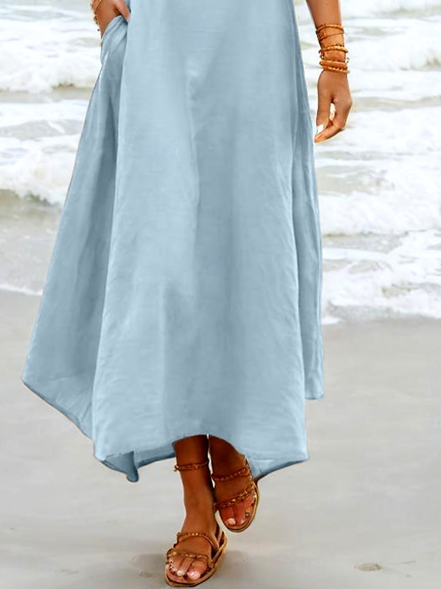 kvinners maxi-kjole t-skjortekjole tee-kjole sundress shift-kjole sommerkjole lin som bohemia ferie etnisk ferie strand normal passform ensfarget ensfarget kortermet hakk hals blå grå sommer 2025 - $36.99 –P4