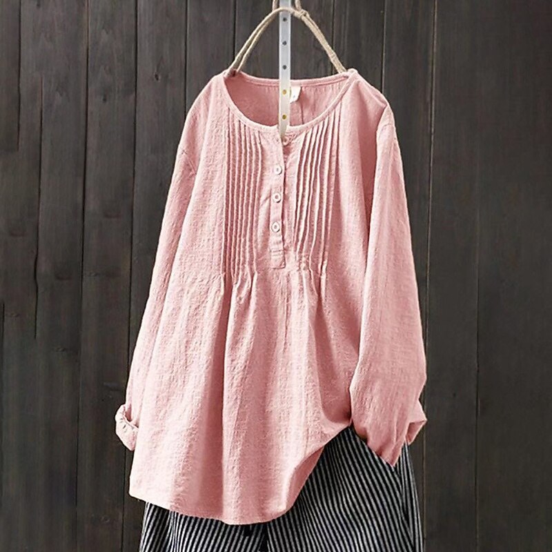 Women's Blouse Faux Cotton Linen Ruched Buttons Plain Modern Casual Long Sleeve Crew Neck Regular Tops Daily Going out White Yellow Pink Navy Blue Summer 2026 - $6.49 –P7