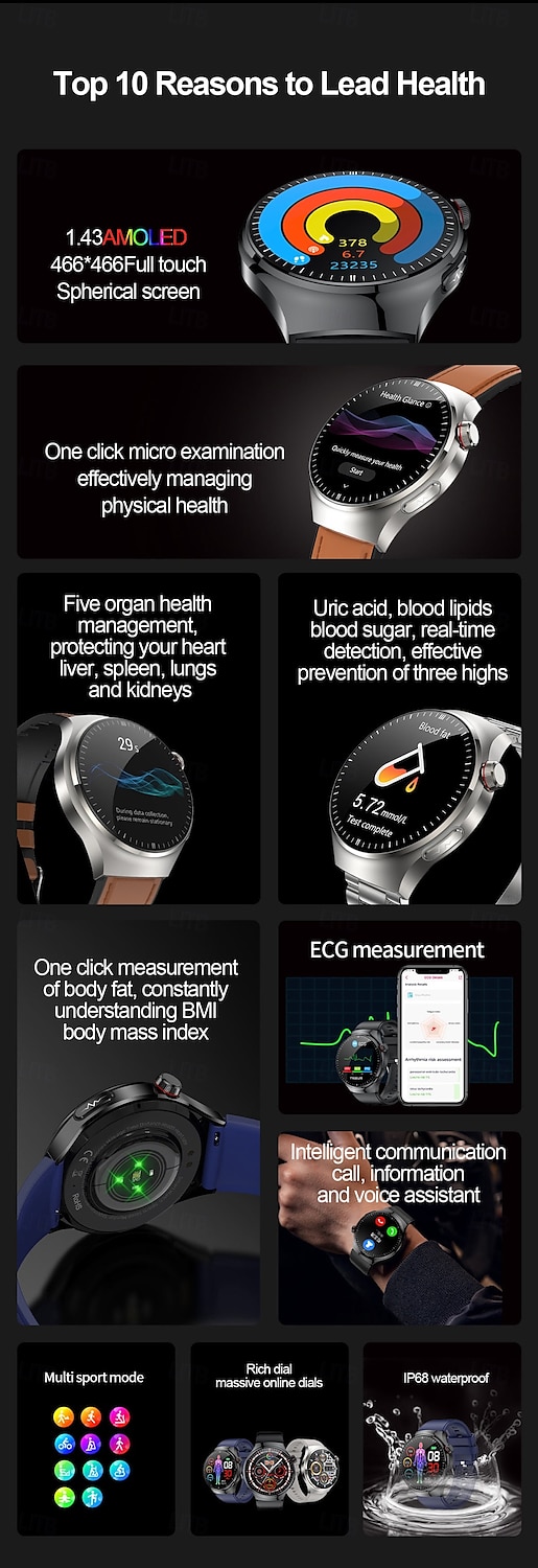 2025年 696 TK26 スマートウォッチ 1.43 インチ スマート·ウォッチ ブルートゥース ECG + PPG 歩数計 着信通知 と互換性があります Android iOS 女性 男性 ハンドフリーコール メッセージ受信通知 IP 67 52mmウォッチケース コレクション – $78.99 –P2
