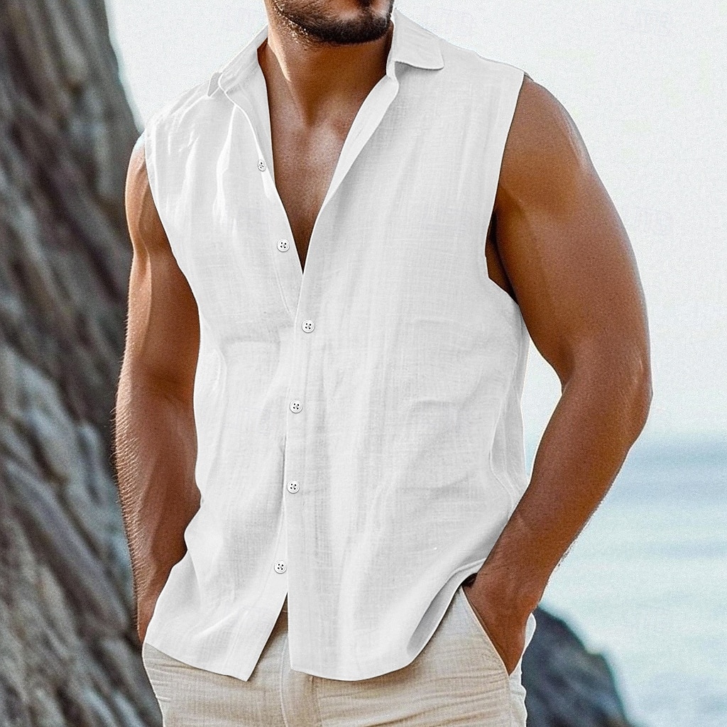 Herren Hemd leinenhemd Sommerhemd Strandbekleidung Knopfhemd Einfach Urlaub Kreuzfahrt Weiß Rosa Leicht Blau Ärmellos Kragen Sommer Frühling Bekleidung 2025 - $20.99 –P4