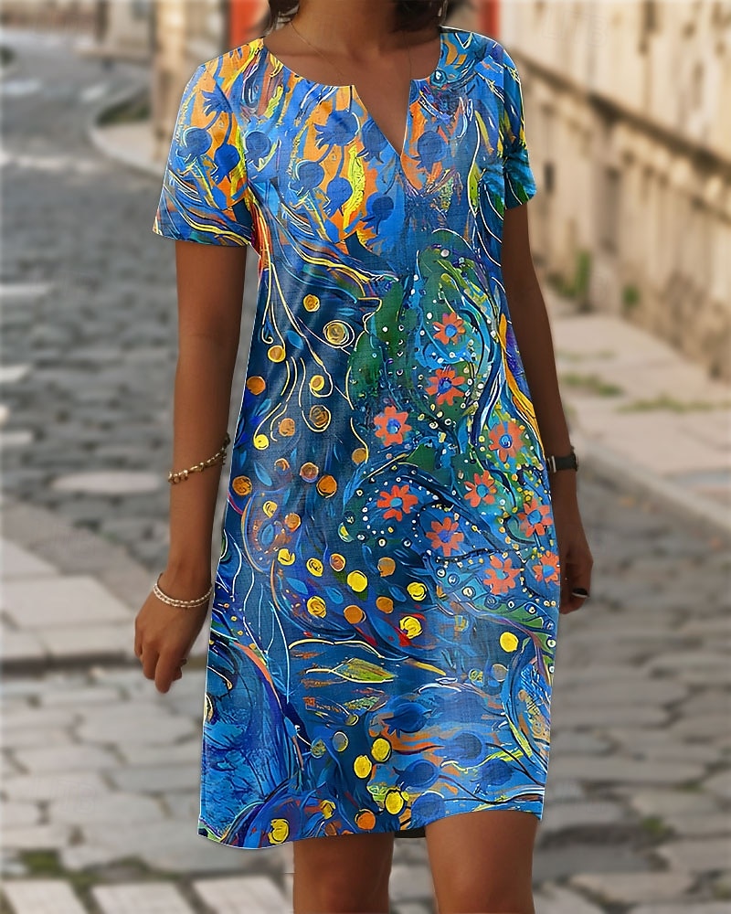 Women's Mini Dress Casual Dress T Shirt Dress Tee Dress Shift Dress Summer Dress Elegant Stylish Formal Vacation Work Casual Linen Like Regular Fit Floral Graphic Short Sleeve V Neck Blue Summer 2025 - $30.99 –P1