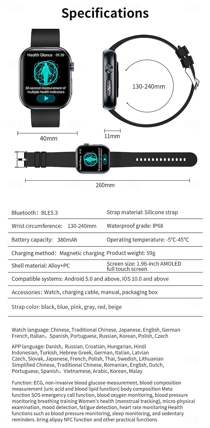 iMosi ET587 Smart Watch 1.96 inch Smartwatch Fitness Running Watch Bluetooth ECG+PPG Temperature Monitoring Pedometer Compatible with Android iOS Women Men Hands-Free Calls Waterproof Media Control 2025 - $72.99 –P19