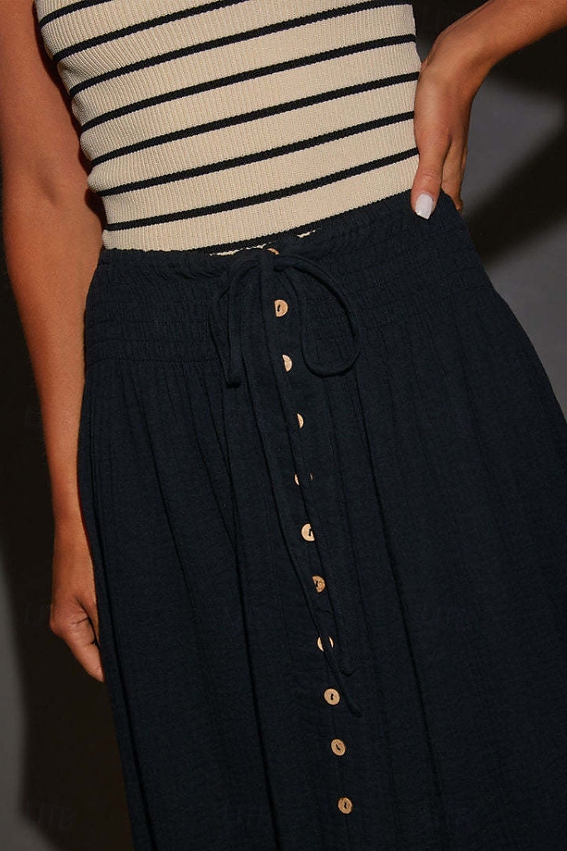 Jupes femme inspirées du lin, mode, maxi, taille mi-haute, uni, ourlet asymétrique, extrémités fourchues, micro-élastique, vacances, rue, noir, blanc, été, coton de 2025 ? $26.99 –P15