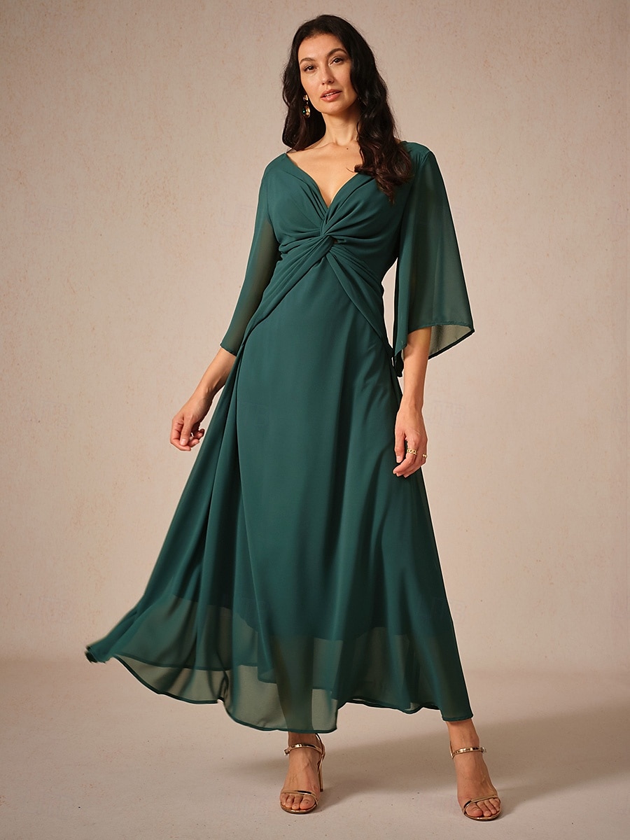 rochie de cocktail pentru invitați la nuntă pentru femei șifon uni cu volane răsucite elegantă rochie maxi de vară cu decolteu în V mânecă evazată lungime 3/4 2025 - $49.99 –P1