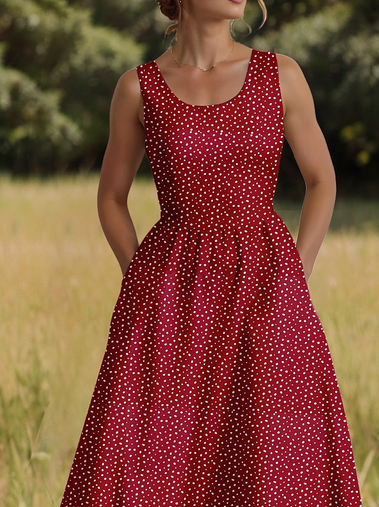 Femmes Robe Midi Robe d'Été Robe trapèze Robe à épaules dénudées Vacances Occasionnel Boho Extérieur Soirée Sortir Coupe régulière Graphique À pois Sans manches Col en U Vin Été de 2025 ? $35.99 –P3