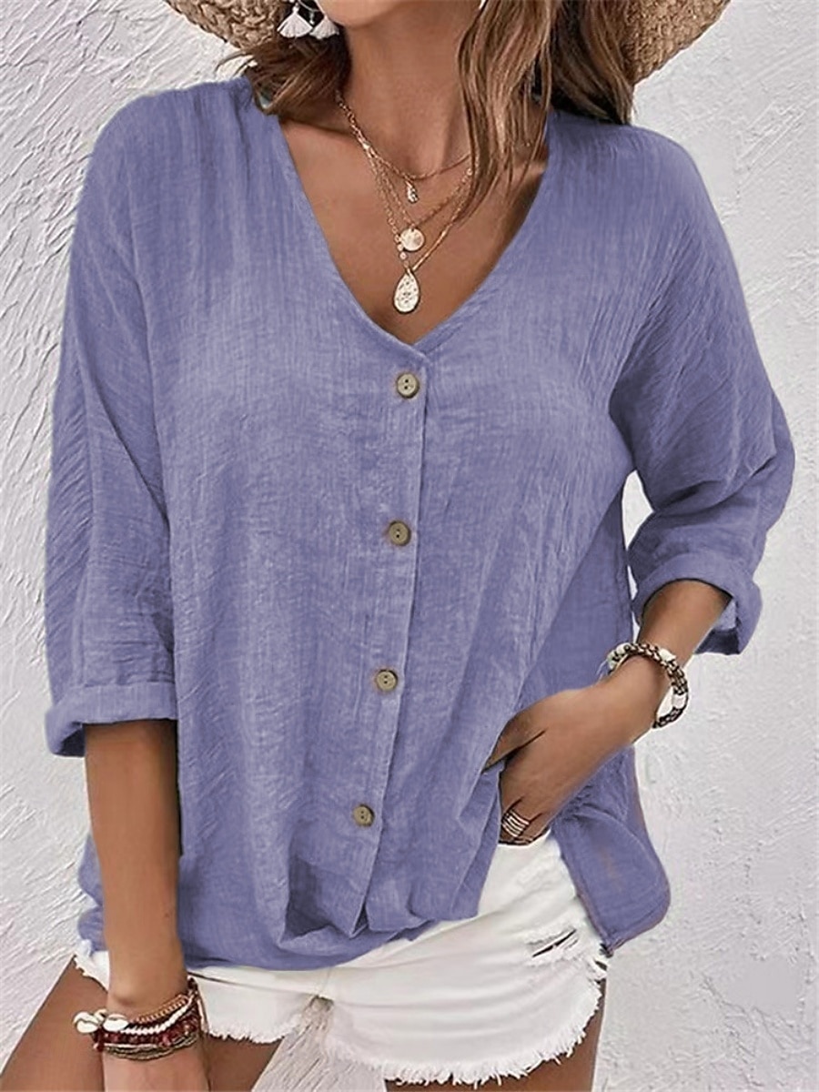 Damen Hemd Baumwoll-Leinen-Hemden Knopfleiste Bluse Einfach Basic Modern Langarm V Ausschnitt Normale Oberteile Täglich Ferien Knöpfe Rosa Blau Purpur Grün Khaki Sommer 2025 - $13.99 –P8