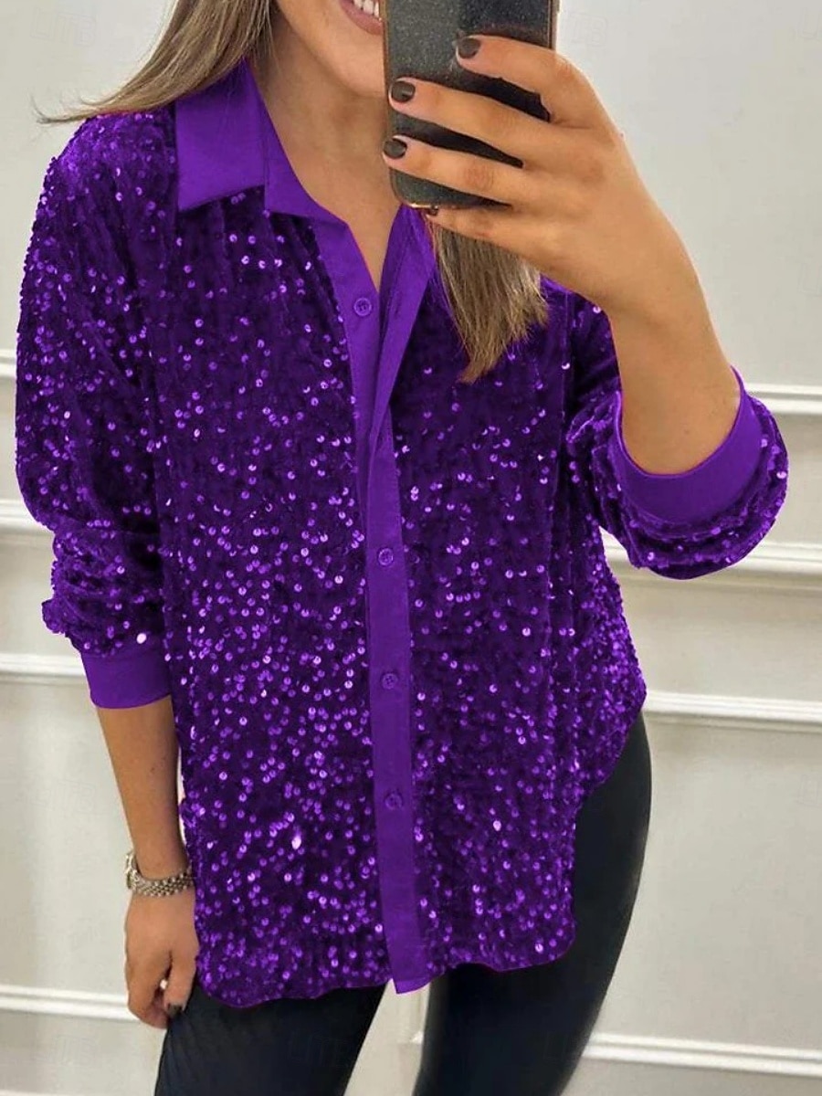 Per donna Camicia Blusa Semplice Elegante Moderno Manica Lunga Colletto a Camicia Top Regolari Quotidiano Paillettes Bottoni Tasca Nero Giallo Rosso Blu Viola Estate del 2025 a $23.99 –P5
