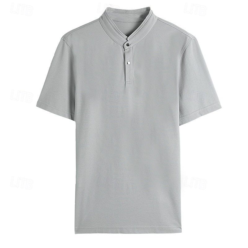 heren polo trui van zijde katoenmix, formeel werk, geribbelde kraag, korte mouwen, effen kleur, overhemd, zomer, donkergrijs, zwart, wit, kaki, grijs 2025 - $32.99 –P10