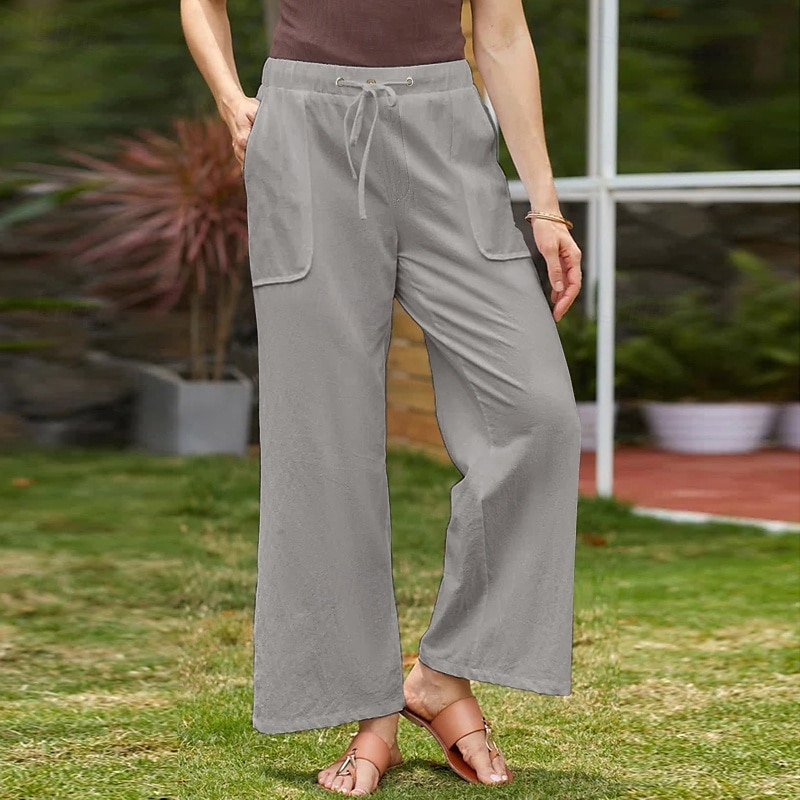 Mulheres Calças de linho de algodão Calças Simples Casual Comprimento total Natural Tecido Bolsos Design de cordão elástico Confortável Exterior Rua Roupa Diária Marron Escuro Verde Depressão Azul de de 2025 por $23.99 –P10