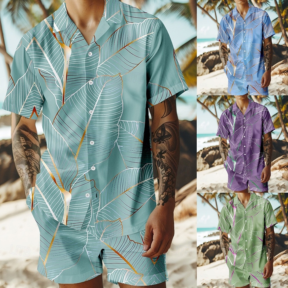 Férfi Fák / falevelek 2db Ingek készletek Hawaii ing Rövid ujjú Rövid nadrág Kubai nyakörv Szabadság Parti Hétköznapi Napi 3D nyomtatás Nyár Kék tó Ibolya Zöld 2025 - $32.99 –P1