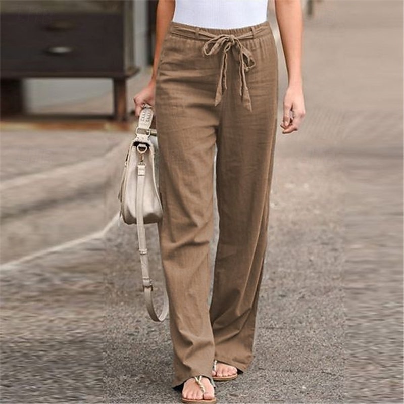 Femmes Pantalon en coton et lin Slacks Mode Streetwear Confort Longueur complète Taille haute Uni Conception à cordon élastique Confortable Rue Sortir Bleu œuf de mer Gris Noir Blanche Été Coupe de 2025 ? $21.99 –P3