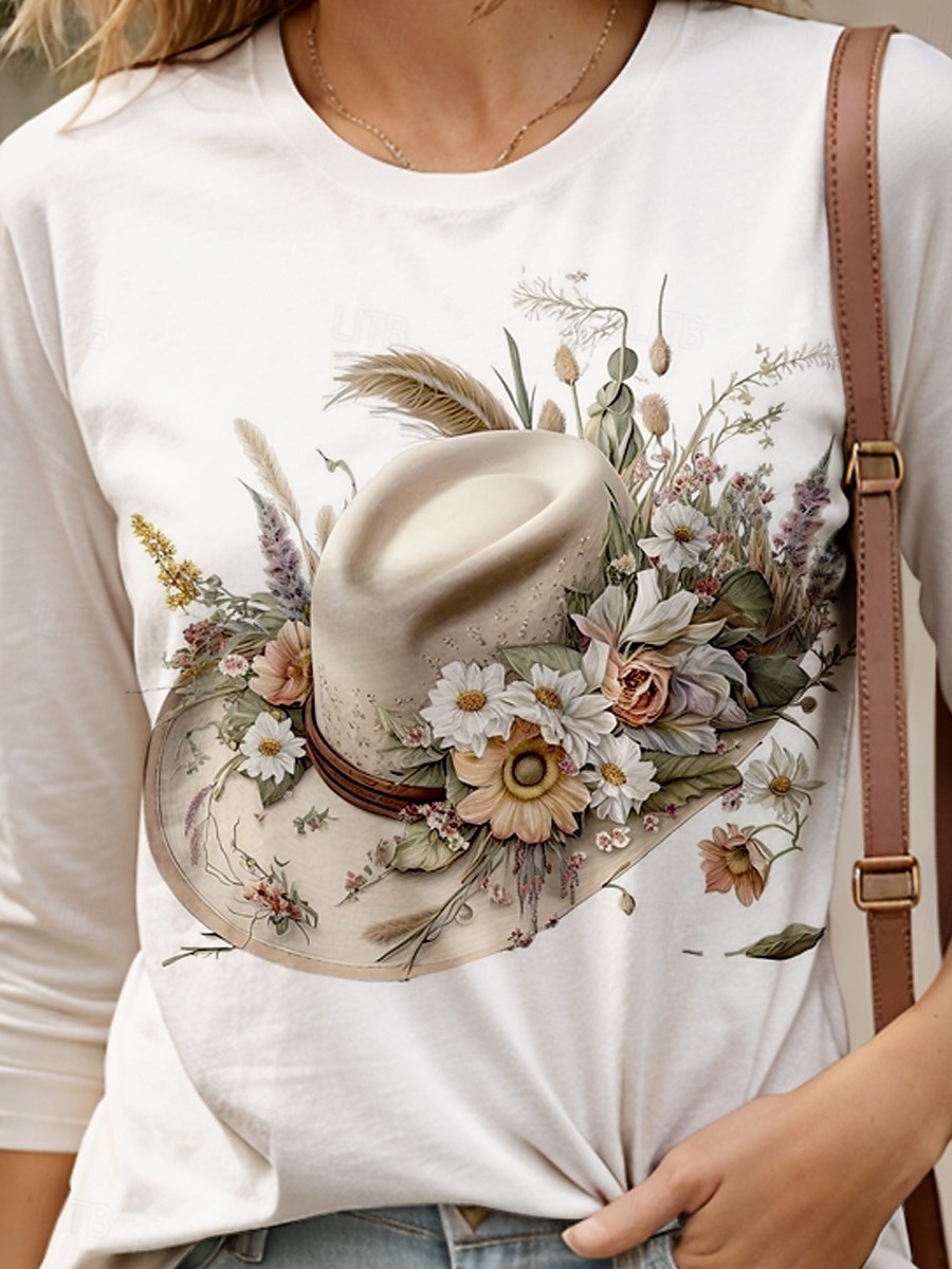 Kentucky Derby Dame Bluse Blomstret Grafisk Fritid Langermet Crew-hals Vanlige topper Daglig Ut på byen Trykt mønster Hvit Sommer Vår 2025 - $22.99 –P3