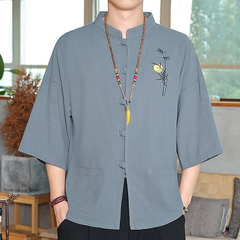 Herren Hemd Leinenhemd Freizeithemd Baumwoll-Leinen-Hemd Knopfhemd Stickerei Urlaub Straße Schwarz Weiß Dunkelmarine Blau Dreiviertelarm Stehkragen Frühling Bekleidung Button-Down 2025 - $28.99 –P7