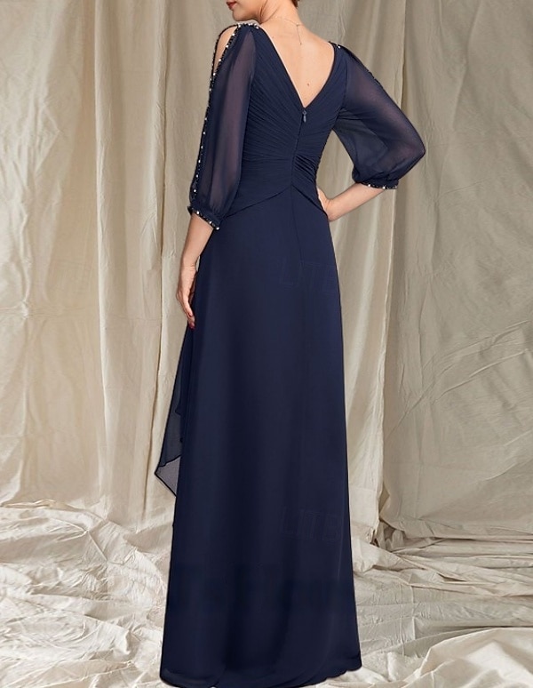 Linea ad A Abito da cerimonia per signora Ospite di nozze Elegante Scollo a V Lunghezza al pavimento Chiffon Manica 3/4 con Perline Arricciatura 2025 del 2025 a $195.99 –P2