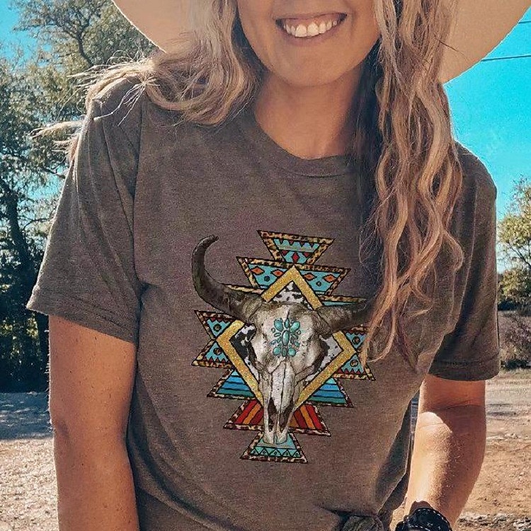Femmes Hauts d'été Graphique Tribal Mode Western Occasionnel Manche Courte Col rond Hauts Réguliers Quotidien Sortir Week-end Patchwork Imprimé Marron Été Printemps de 2025 ? $14.99 –P2