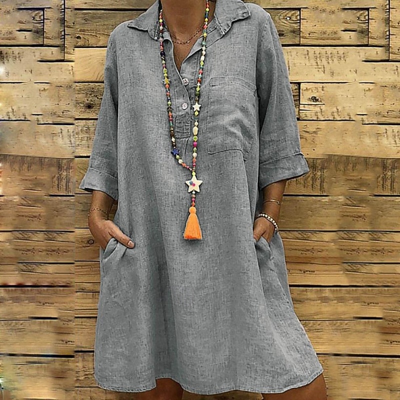Mujer Mini vestido Vestidos con tacto de lino Vestido de Camisa Clásico Diario Festivos Noche Ajuste regular Plano Manga 3/4 Cuello Camisero Negro Caqui Verde Trébol Gris Verano 2026 - $18.99 –P9