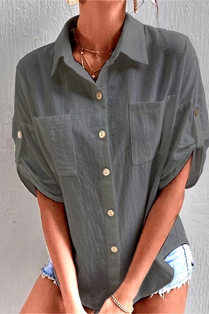 Damen Hemd Baumwoll-Leinen-Hemden Knopfleiste Bluse Einfach Basic Lässig Kurzarm Hemdkragen Normale Oberteile Ferien Ausgehen Knöpfe Tasche Schwarz Weiß Marineblau Khaki Grau Sommer 2025 - $21.99 –P15