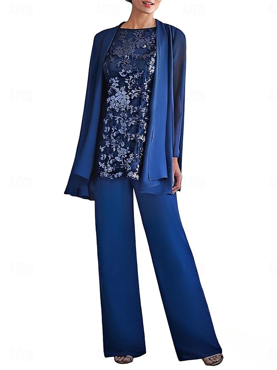 Dreiteilig Hosenanzug Brautmutterkleid Elegant Rundhalsausschnitt Bodenlang Polyester Langarm mit Perlenstickerei 2025 2025 - $99.99 –P4