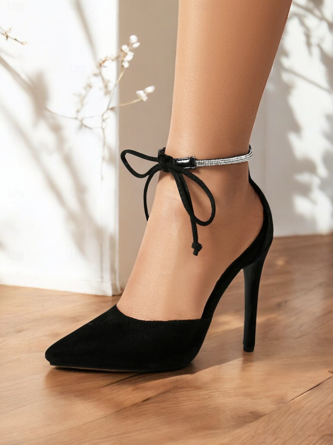 Women's Black Suede Pointed-Toe Stiletto Heels with Rhinestone Ankle Strap – Elegant Evening & Date Night Shoes 2025 - $42.99 –P2