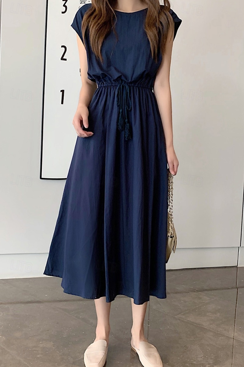 Per donna Abito Midi Abiti in cotone e lino Moda Classico Moderno All'aperto Quotidiano Ferie Vestibilità regolare Semplice Senza Maniche Girocollo Nero Verde chiaro Verde militare Blu marino Estate del 2025 a $26.99 –P7
