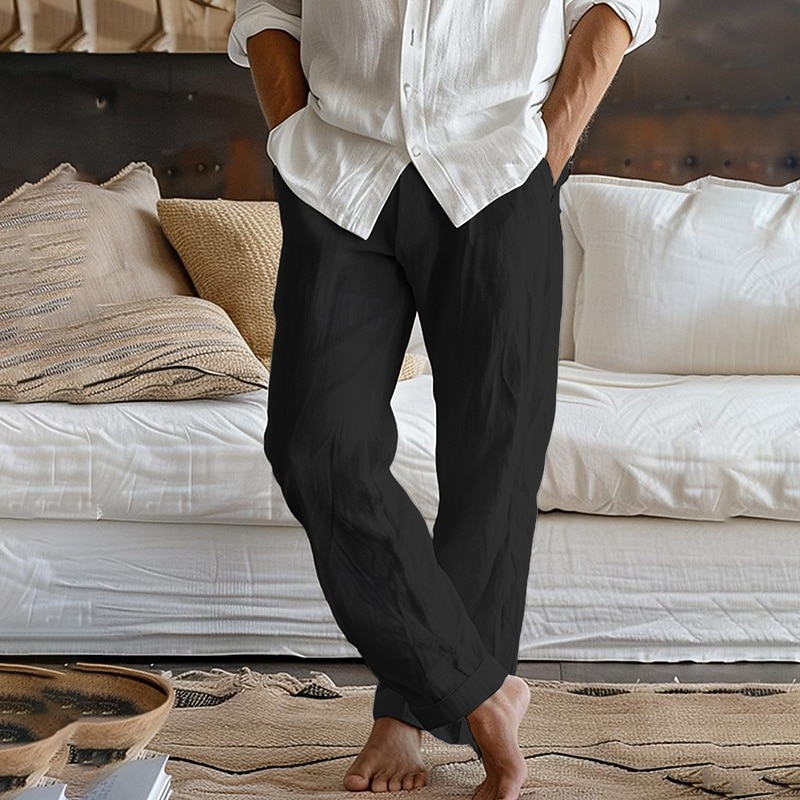 Men's Linen Pants Trousers Summer Pants Beach Pants Elastic Waist Front Pocket Straight Leg Plain Comfort Breathable Full Length Daily Home Yoga Fashion Casual Navy Blue Beige 2026 - $22.99 –P9
