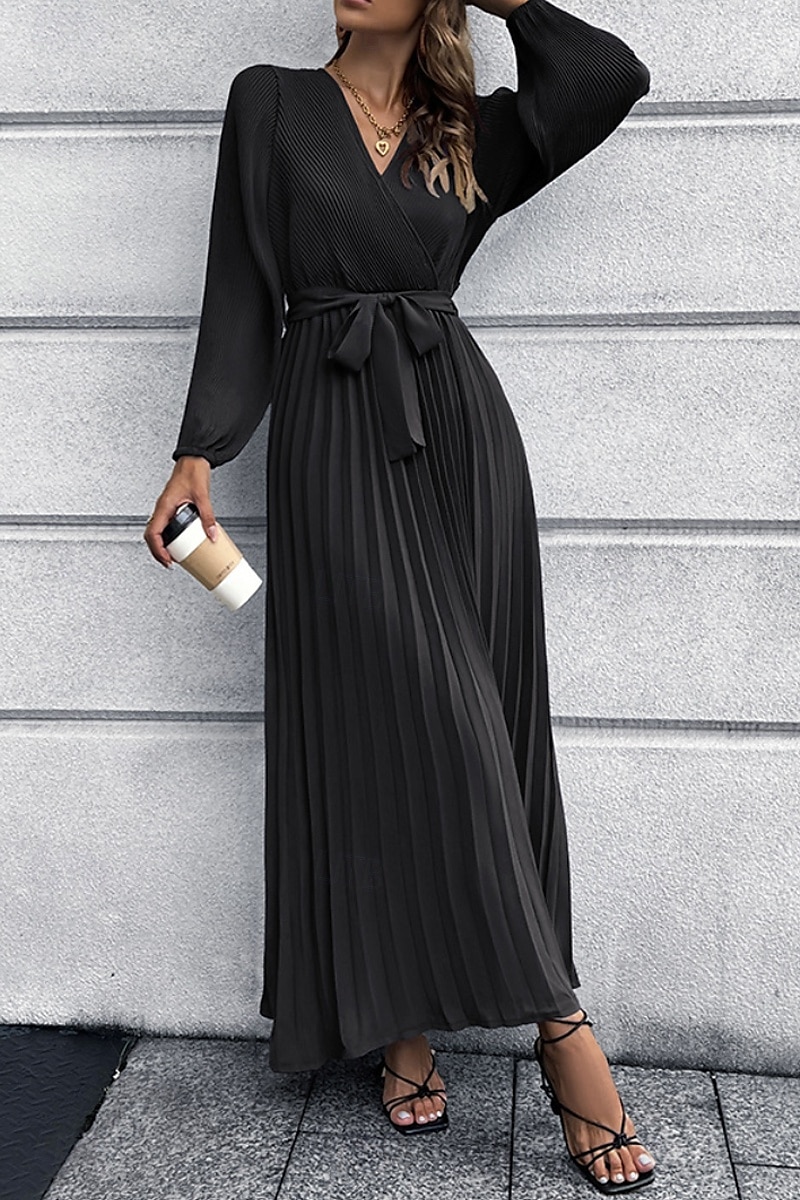 Dam Långklänning Maxiklänning Cocktail klänning Ruched Klänning Elegant Mode Födelsedag Tebjudning Utekväll Normal Slät Långärmad V-hals Svart Rubinrött Grön Sommar 2025 - $29.99 –P14