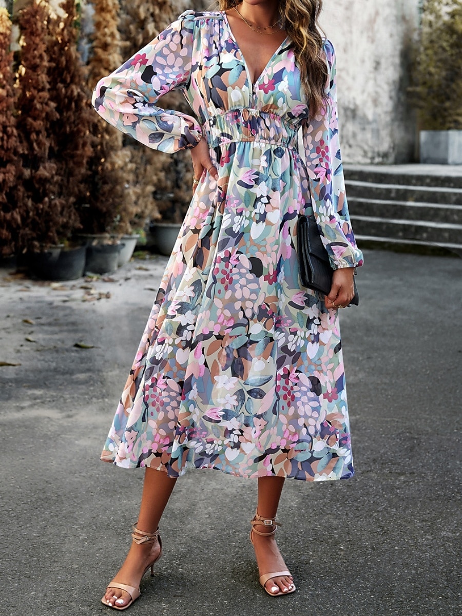 Women's Midi Dress A Line Dress Fit And Flare Dress Puff Sleeve Dress Vacation Casual Vacation Daily Regular Fit Graphic Long Sleeve V Neck Red Blue Green Apricot Summer 2025 - $46.99 –P19