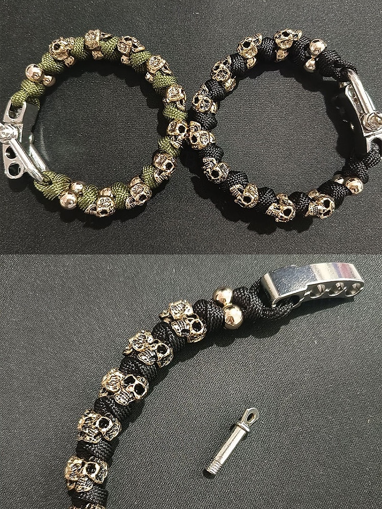 férfi punk koponya karkötő - túlélési kézzel szőtt paracord karkötő, fém gótikus motoros karszalag, rock stílusú ékszerek bulikra és koncertekre 2025 - $14.99 –P6