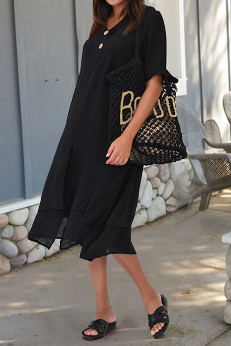 Femmes Robe Midi Robes inspirées du lin Robe en coton et lin Mode Basique Moderne Quotidien Fête Week-end Coupe régulière Uni Manche Courte Col en V Noir Blanche Bleu de minuit Été de 2025 ? $36.99 –P3