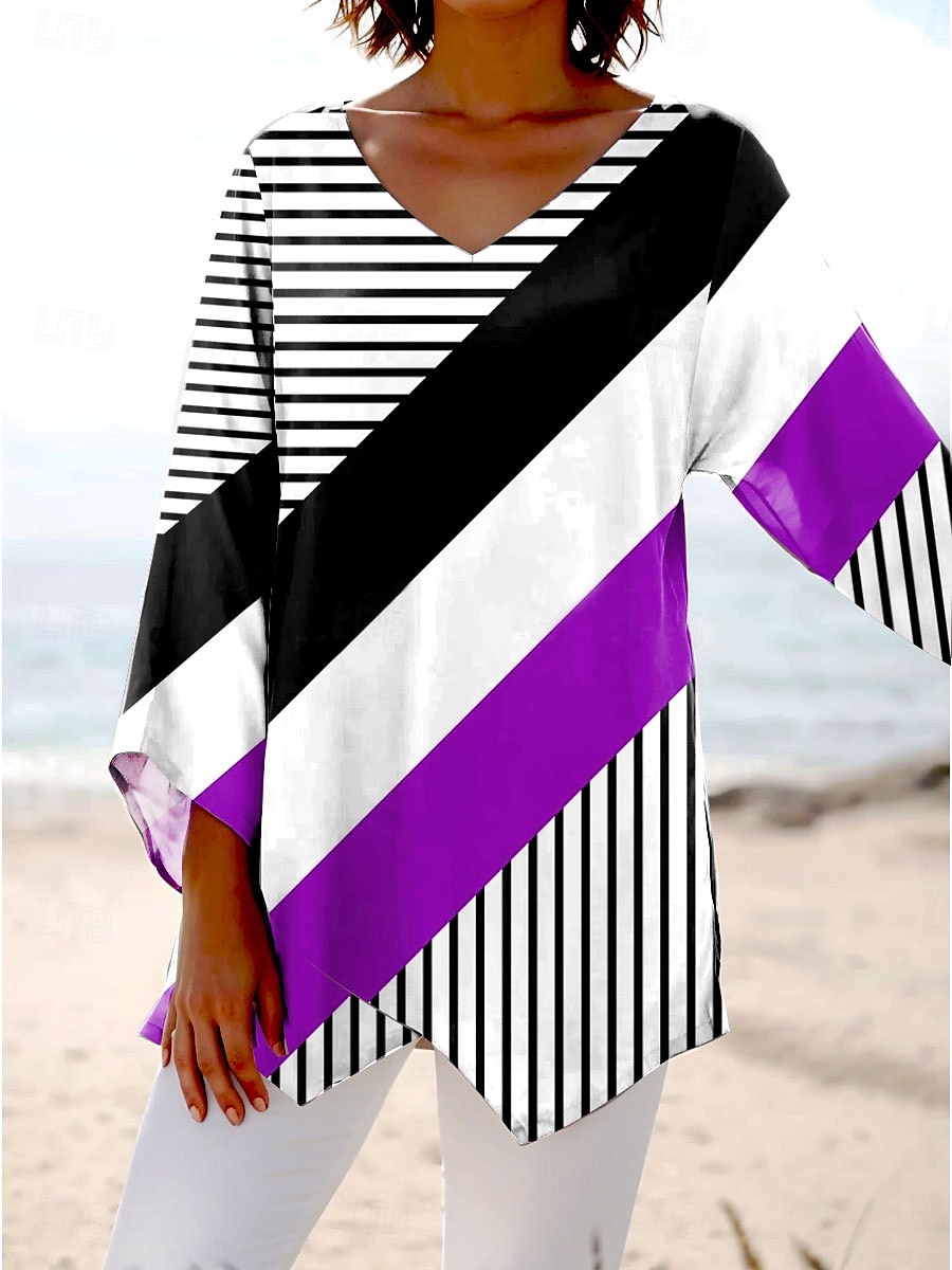 Blusa da donna manica lunga orlo asimmetrico grafico geometrico a righe elegante spiaggia manica a 3/4 scollo a V regolare top quotidiano primavera autunno del 2025 a $25.99 –P2
