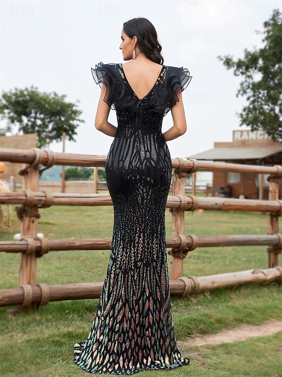 Robe de Quinceanera Sirène  Trompette Élégante Robe Mariage Mariée Invitée Longueur de Sol Sans Manches Col en V Spandex avec Sequins de 2025 ? $118.99 –P10