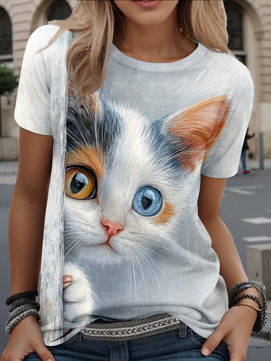 Damen T Shirt Grafik Tiermotiv Katze Stilvoll Lässig Kurzarm Rundhals Normale Oberteile Täglich Wochenende Druck Silber Sommer Frühling 2025 - $19.99 –P1