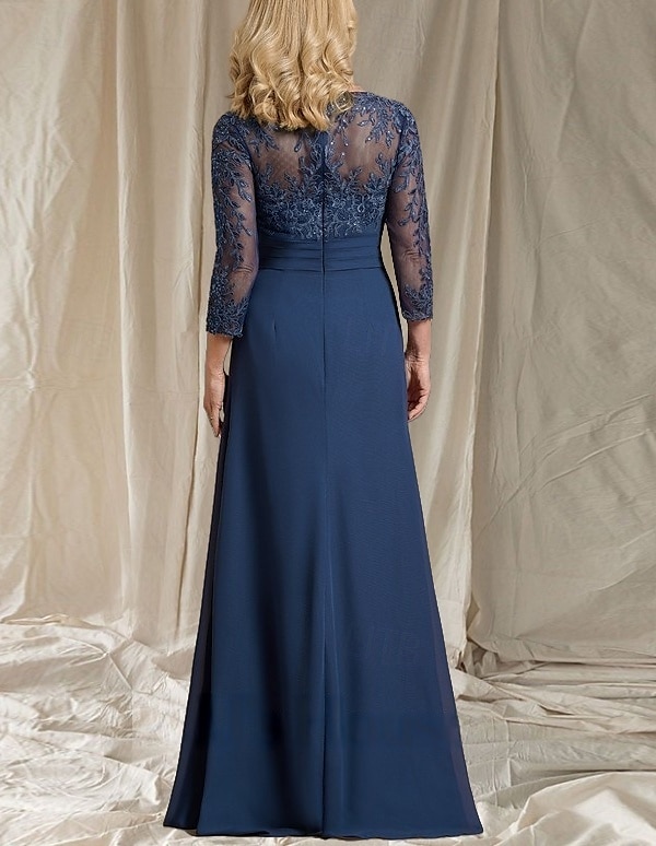 A-Linie Brautmutter Kleid Hochzeitsgast Elegant V-Ausschnitt Bodenlänge Chiffon 3/4-Länge Ärmel mit Perlenapplikationen 2025 - $197.99 –P2