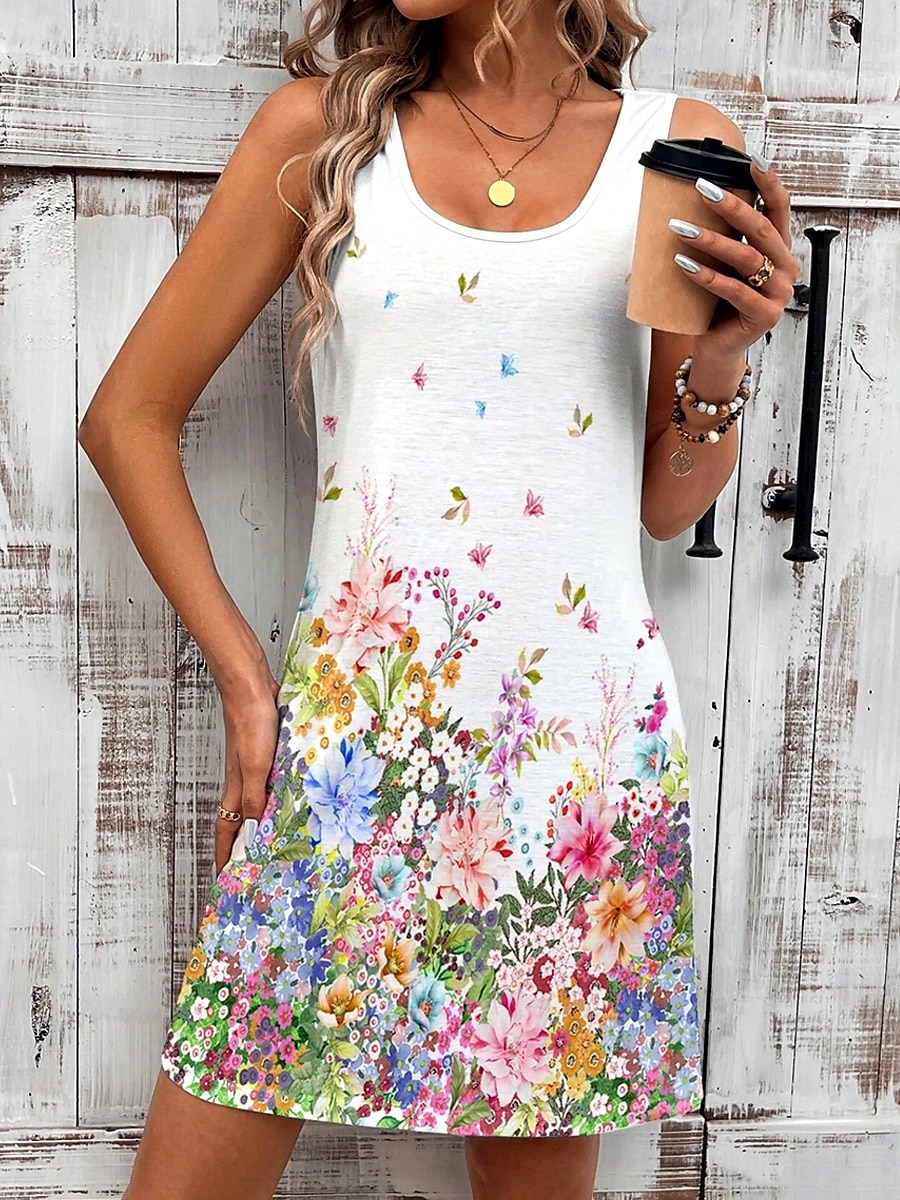 Women's Mini Dress A Line Dress Summer Dress Off The Shoulder Dress Vacation Daily Loose Fit Ombre Floral Graphic Sleeveless U Neck White Summer Spring 2025 - $21.99 –P3