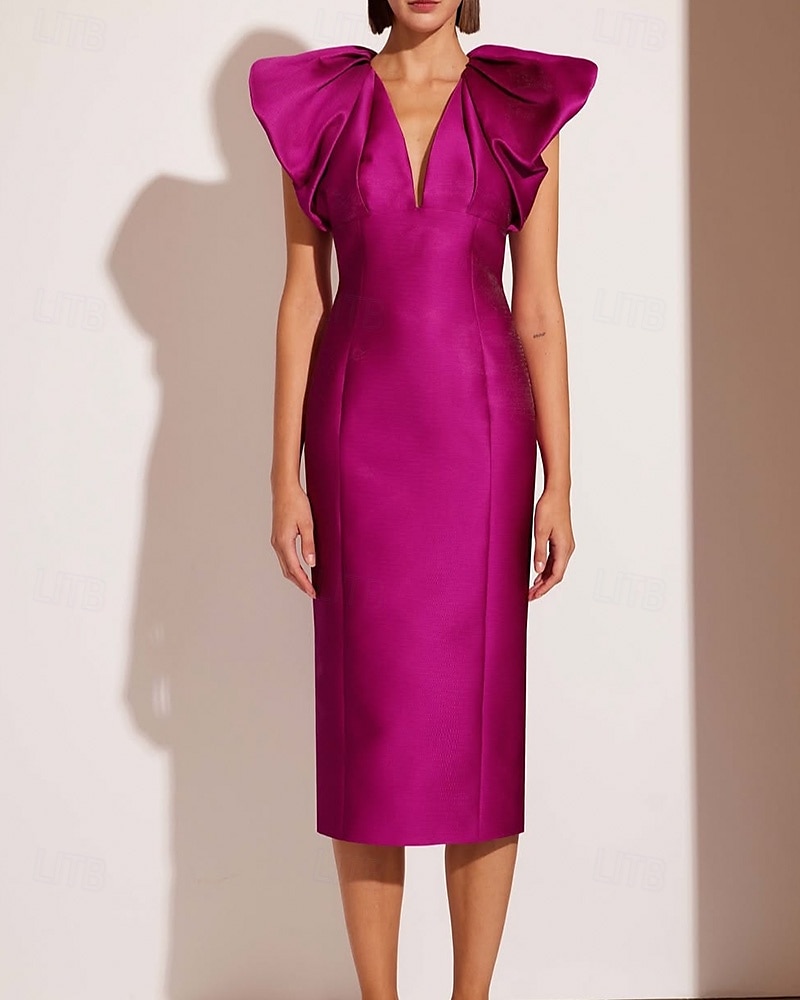Sukienki koktajlowe typu sheath/kolumna elegancka formalna sukienka ślubna tea długości midi krótki rękaw dekolt w kształcie litery V różowa sukienka satynowa z fałdami 2025 - $144.99 –P2