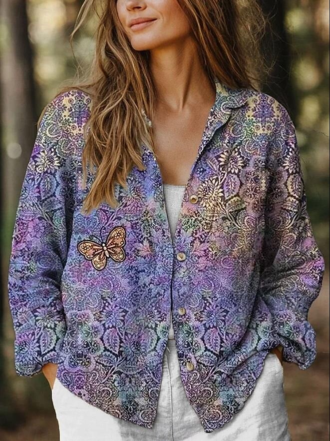 Dame Skjorte Bluse Blomster Grafikk Stilig Casual Lang Erme Skjorte Krage Regulære Topper Lin Lignende Daglig Gå Ut Strand Klær Knapper Svart Lilla Sommer Vår 2025 - $32.99 –P2