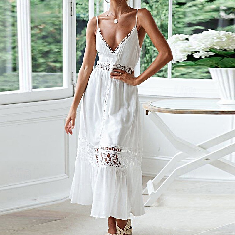 Women's Midi Dress Cotton Linen Dress Slip Dress Boho Dress Basic Classic Modern Vacation Holiday Going out Regular Fit Plain Sleeveless Spaghetti Strap White Summer 2025 - $26.99 –P6