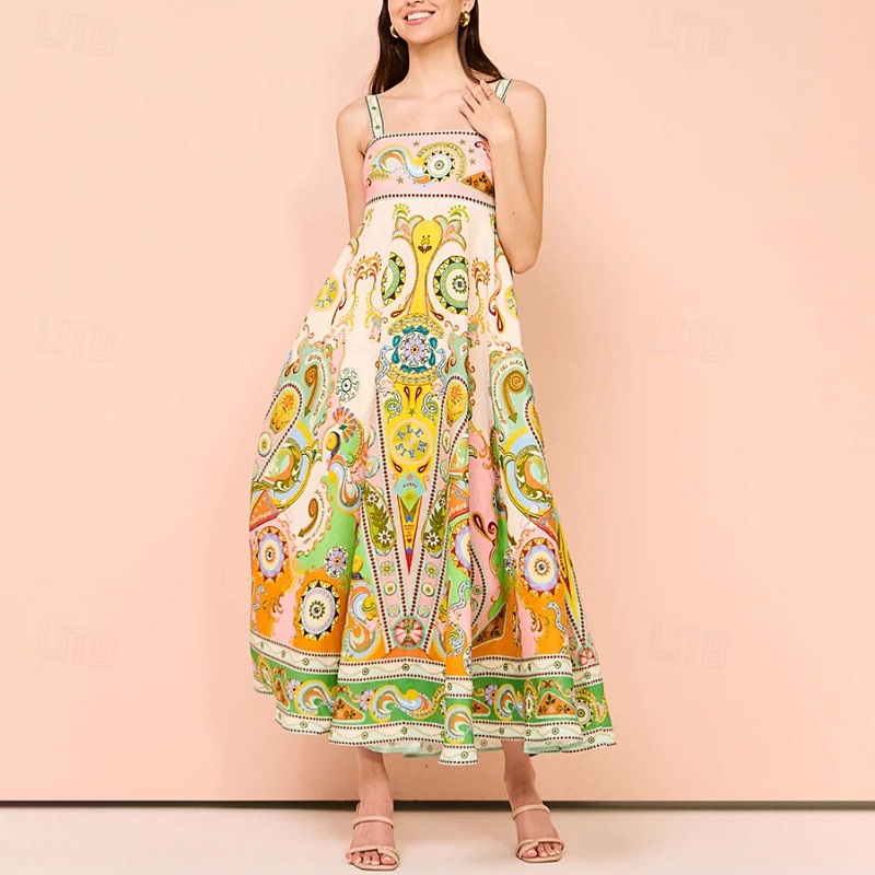 Abito midi da donna, abito floreale, abito sottoveste, abito stampato, moda, classico, per uscire all'aperto, fine settimana, vestibilità regolare, fiore, senza maniche, spalline sottili, verde, estivo del 2025 a $31.99 –P2