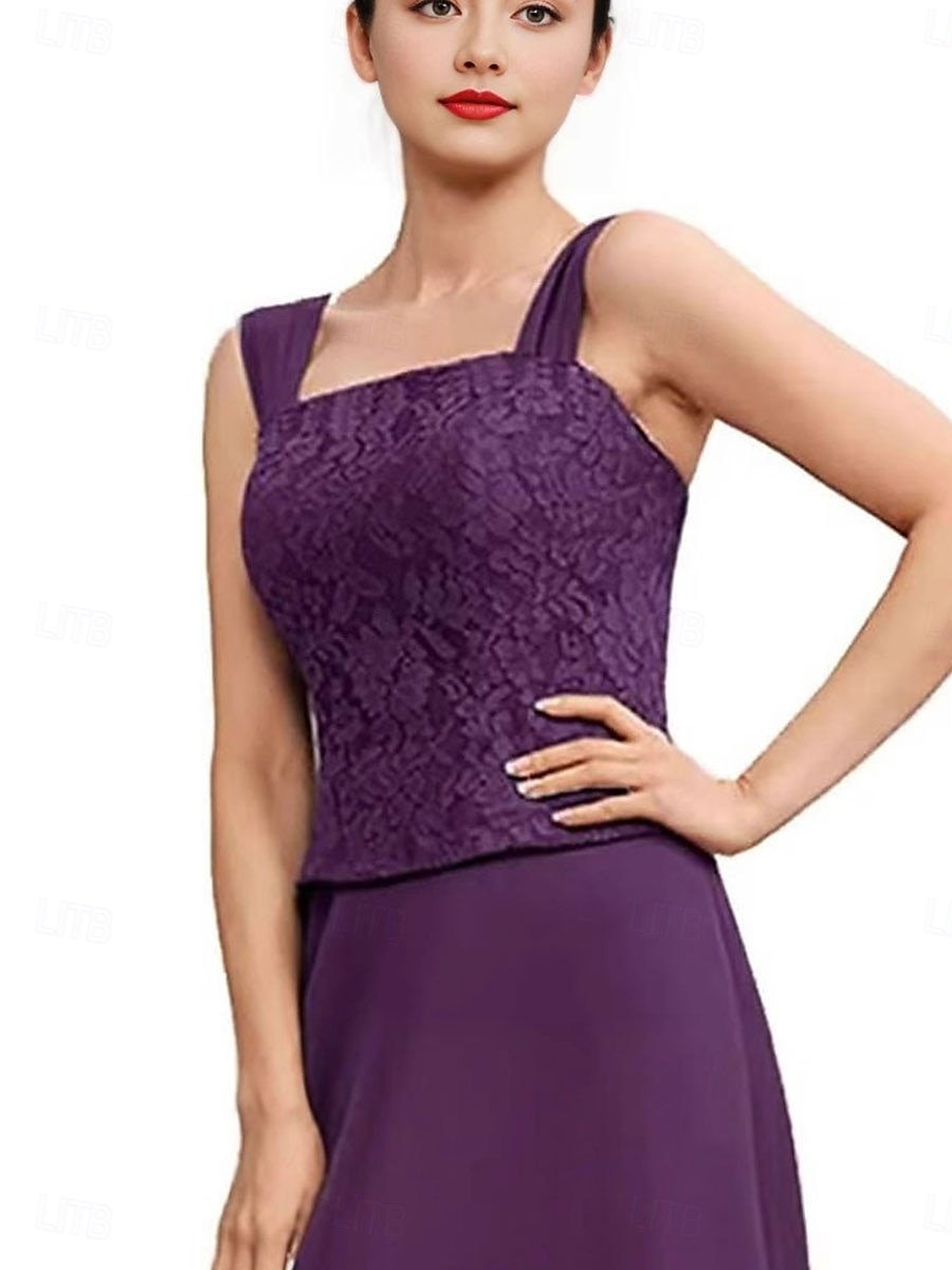 Dress Sets Mother of the Bride Dress Elegant Simple Scoop Neck Tea Length Chiffon Polyester Lace Long Sleeve with Lace Solid Color 2025 - $99.99 –P5