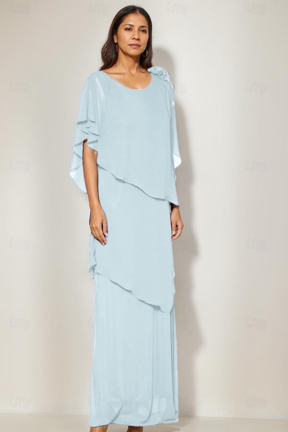Robe mère de la mariée fourreau  colonne élégante à col bijou longueur sol chiffon floral à courte manche avec volants de 2025 ? $161.99 –P1