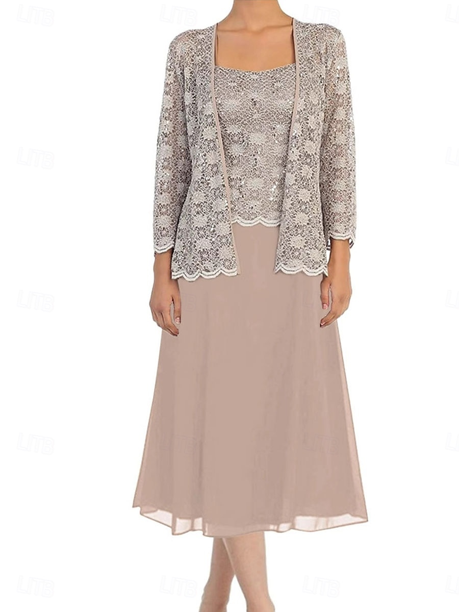 Ensembles de Robes Robe de Mère de Mariée  Élégant Simple Une Épaule Longueur thé Polyester manche longue avec Dentelle Couleur Unie 2025 de 2025 ? $101.99 –P8
