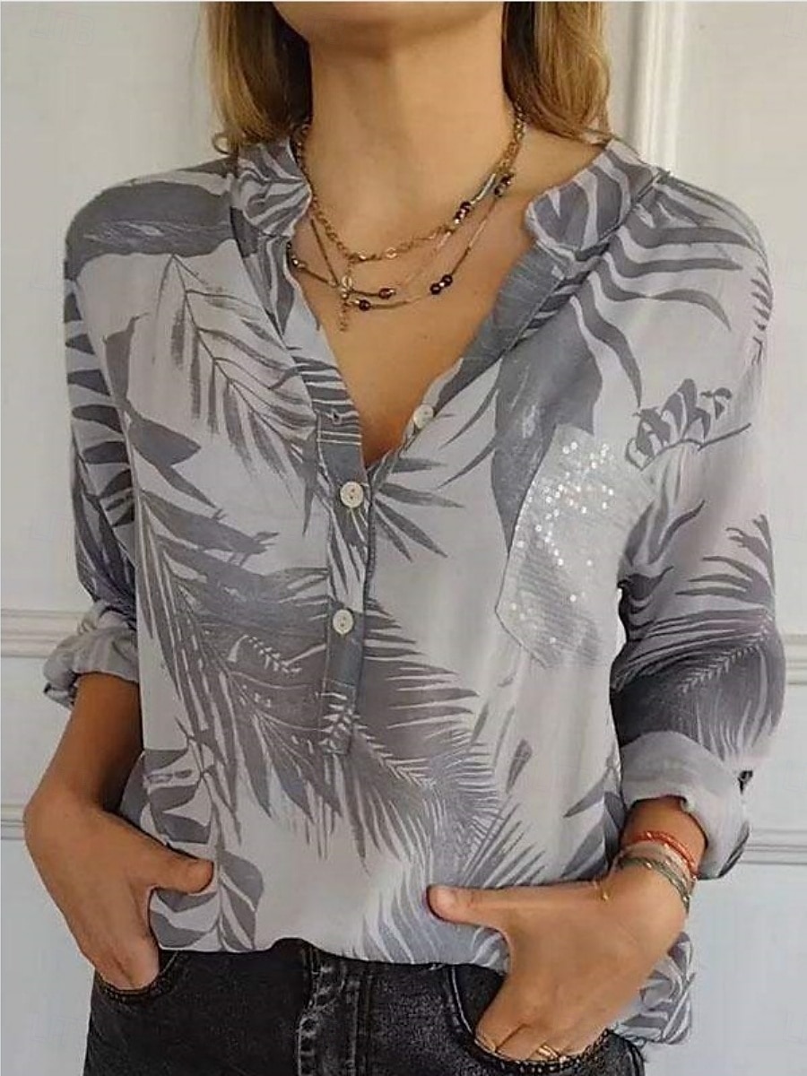 Dame Skjorte Bluse Blad Stilfull Moderne Langermet V-hals Vanlige topper Daglig Ferie Knapper Trykt mønster Hvit Brun Kakifarget Grå Sommer Vår 2025 - $19.49 –P2